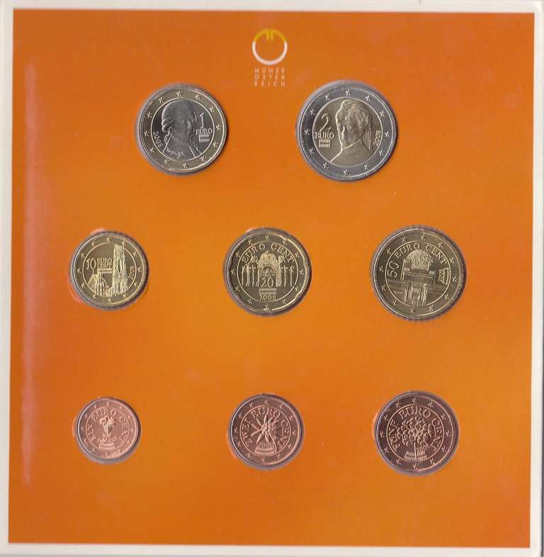 (2008, 8 монет) Набор монет Австрия 2008 год &quot;Европа из Космоса&quot;   Буклет
